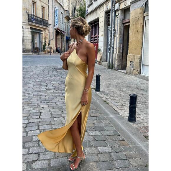 Moonlight Open Back Satin Slit Long Dress - Picture 3 of 4